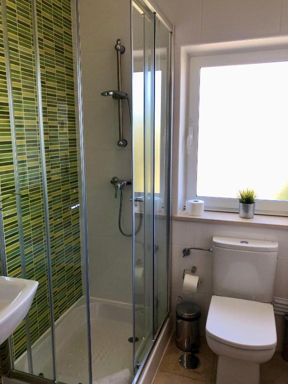 a bathroom with a shower and a toilet and a sink at Âncora Boutique Apartments in Lagos
