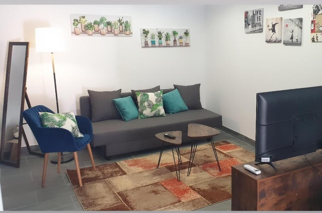 uma sala de estar com um sofá e uma televisão em Apartamentos Leman em Benicarló