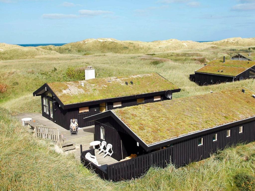 a house with a grass roof on top of a hill at Three-Bedroom Holiday home in Pandrup 8 in Blokhus