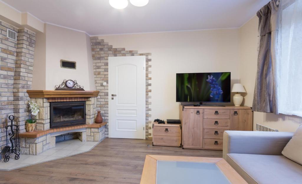 a living room with a fireplace and a tv at Apartamenty Barakuda in Chałupy