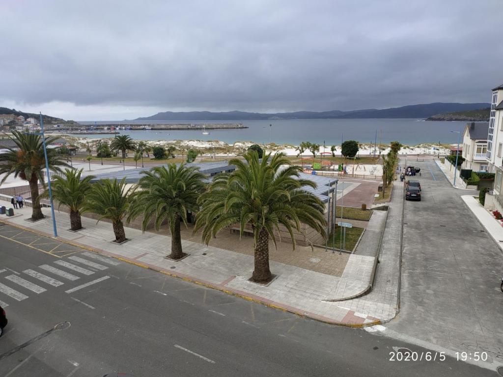 a street with palm trees on the side of a road at Apartamento Laxe con vistas al mar in Laxe