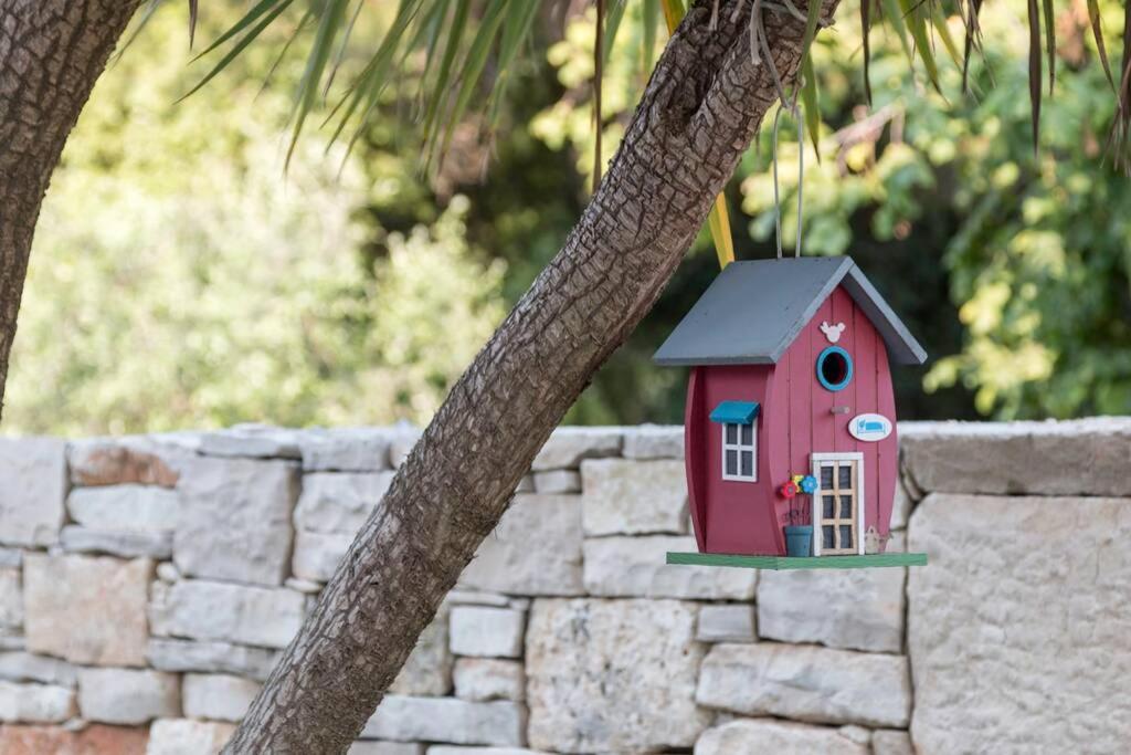 een klein rood vogelhuisje hangend aan een boom bij Predivan novouređeni apartman u blizini mora in Banjole
