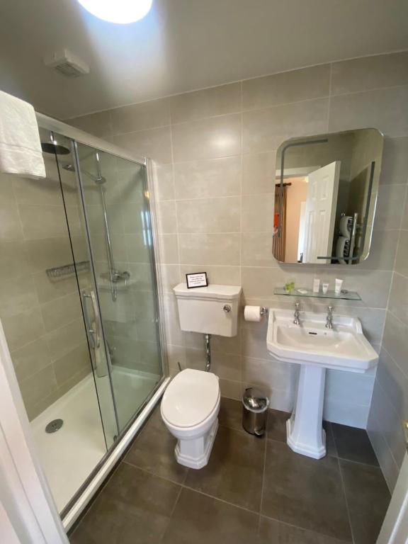 y baño con aseo, ducha y lavamanos. en Long Quay House en Kinsale