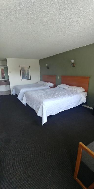 two beds in a hotel room with white sheets at Thunderbird Motel in Pocatello