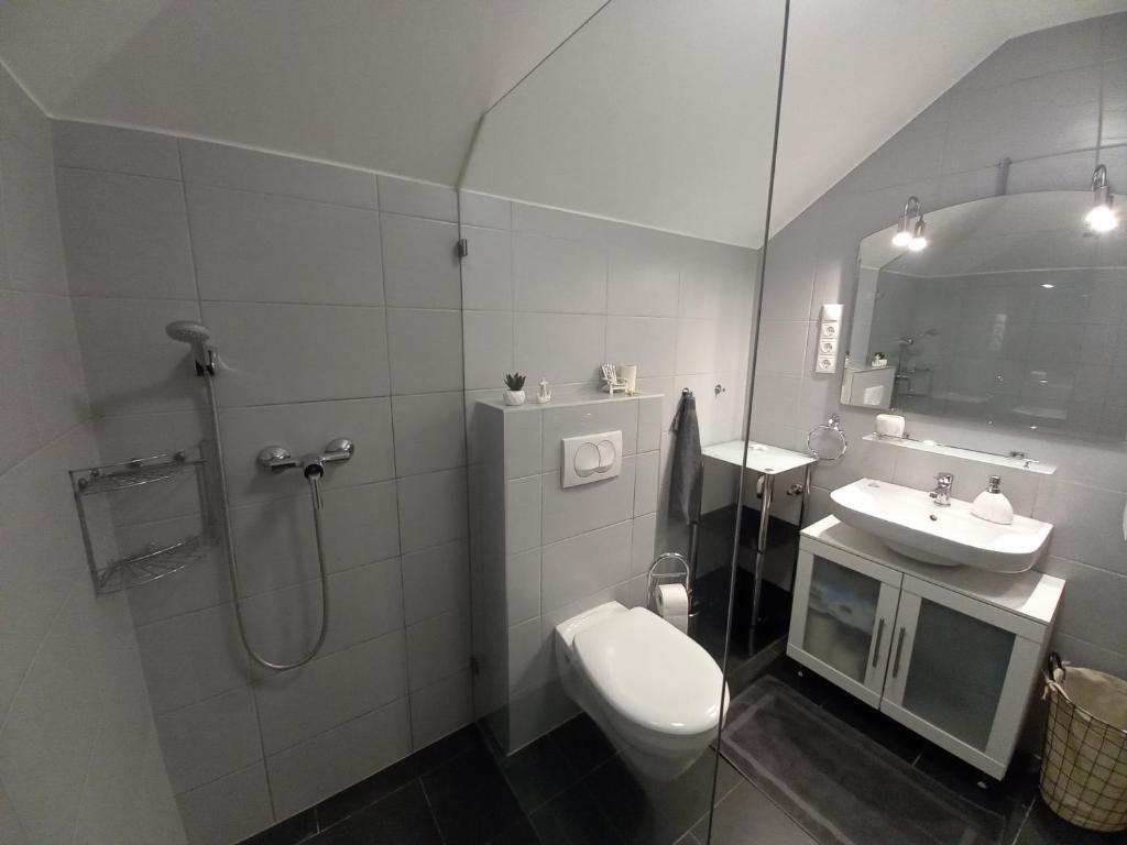 łazienka z toaletą, umywalką i prysznicem w obiekcie Laura Luxury Apartman Gyenesdiás w Gyenesdiás