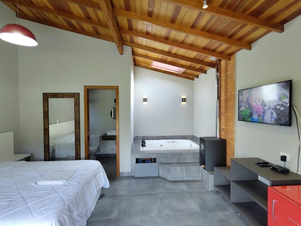 a bedroom with a bed and a tub and a television at Chalé dos Pássaros in Gramado