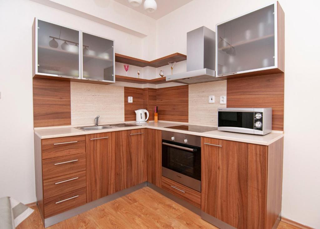Kuchyň nebo kuchyňský kout v ubytování Apartmany Sileas