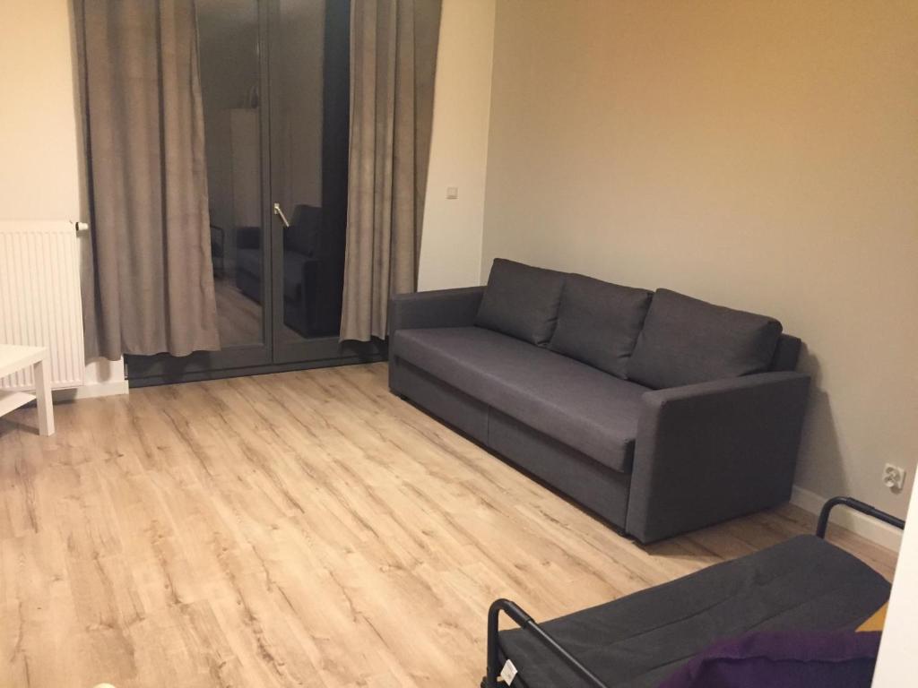 華沙的住宿－Studio Apartment，带沙发和木地板的客厅