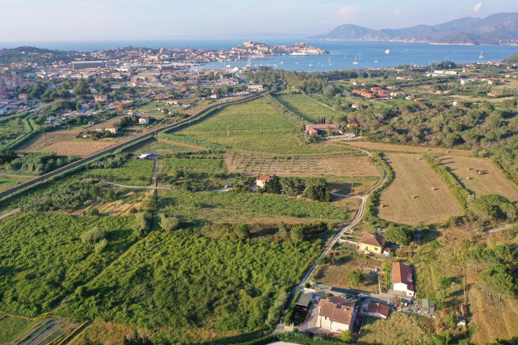 una vista aerea di un piccolo villaggio su una collina vicino all'oceano di B&B Casa Gianfranca a Portoferraio