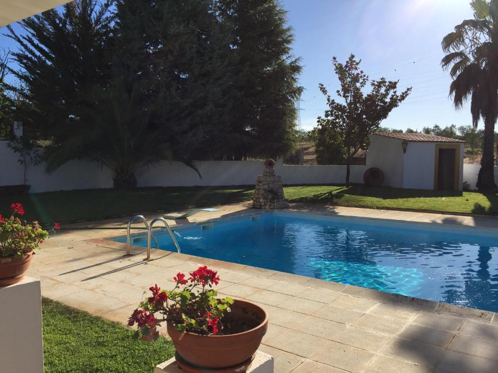 una piscina con flores en un patio en Moinho de Vento (CASA DE MADEIRA), en Castelo Branco