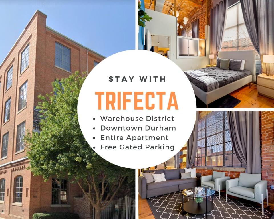a collage of photos with the words stay with triceica warehouse district downtown at Trifecta Historic Brick 2BR Getaway Superhost in Durham