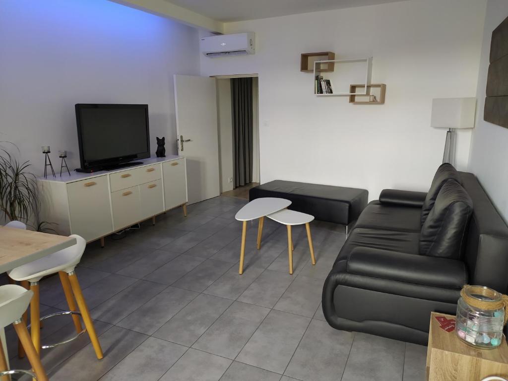 een woonkamer met een bank en een tv bij "Antre Nous" au Cœur de Lunel in Lunel