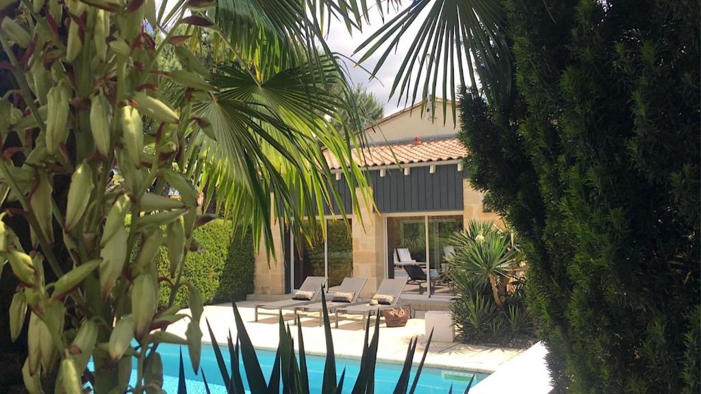 una casa con piscina y palmeras en Domaine de la Ronce en Cézac