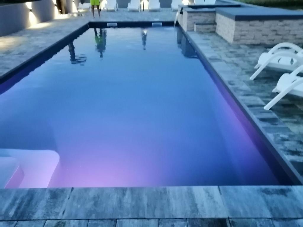 a swimming pool with purple lights in a building at Apartment Camelia in Poreč