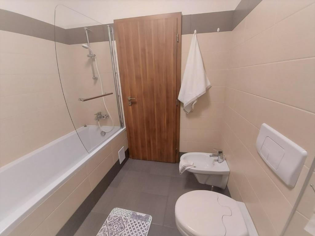 a bathroom with a toilet and a shower and a sink at Paula Apartment in Dumbrăviţa