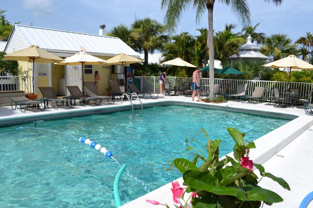 a swimming pool with chairs and umbrellas at Lemon Tree Inn in Naples