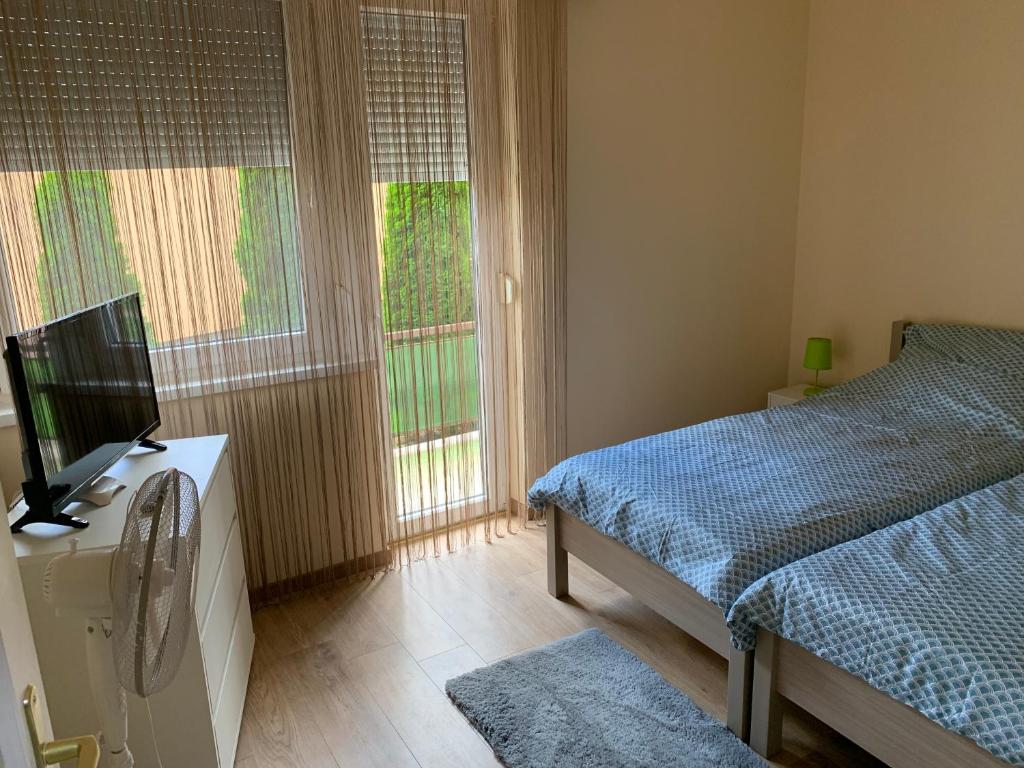 1 Schlafzimmer mit einem Bett, einem TV und 2 Fenstern in der Unterkunft Alexa apartman in Hajdúszoboszló