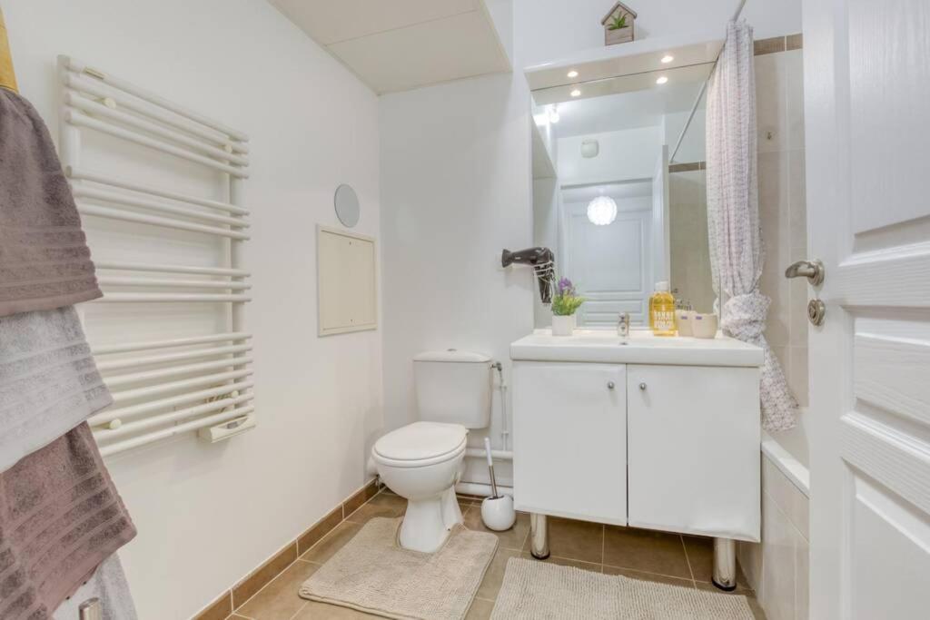 a white bathroom with a toilet and a sink at DÉPLACEMENT PRO &amp; TOURISME - NETFLIX - WIFI - Easy CHECK-IN in Bourg-la-Reine