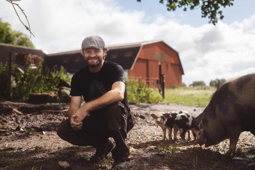 un hombre arrodillado junto a una vaca y un perro en Dambækgaard Sustainable Farm, en Hårlev