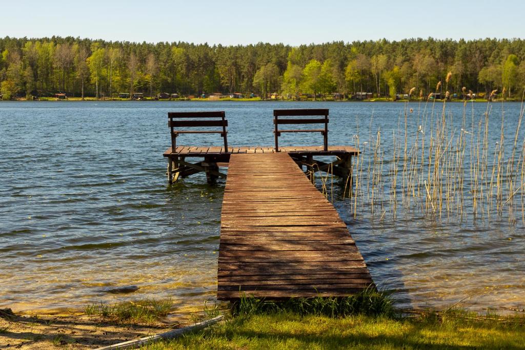 two benches sitting on a dock in a lake at Apartament nad jeziorem Sukiel z własną plażą in Olsztyn