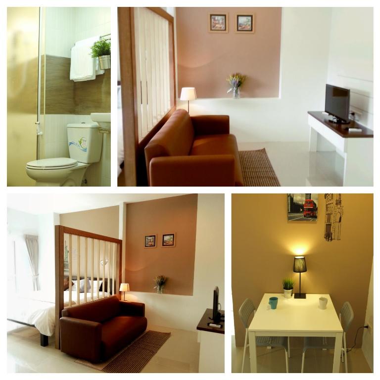 A collage of a compact suite with a sofa, television, dining table, and adjoining bathroom.