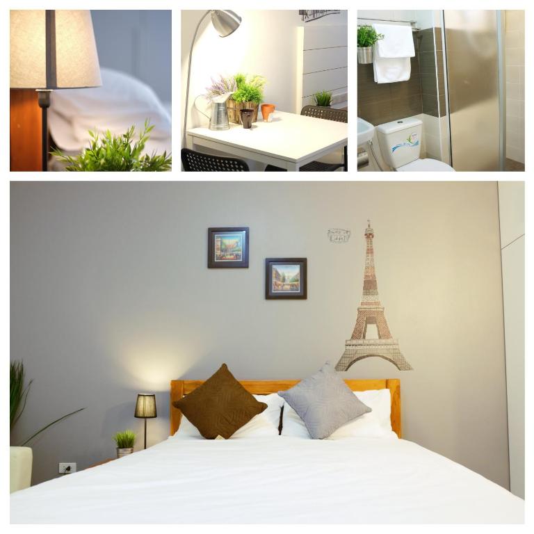 Bright bedroom collage showing a double bed, compact bathroom, desk and Eiffel Tower wall art.