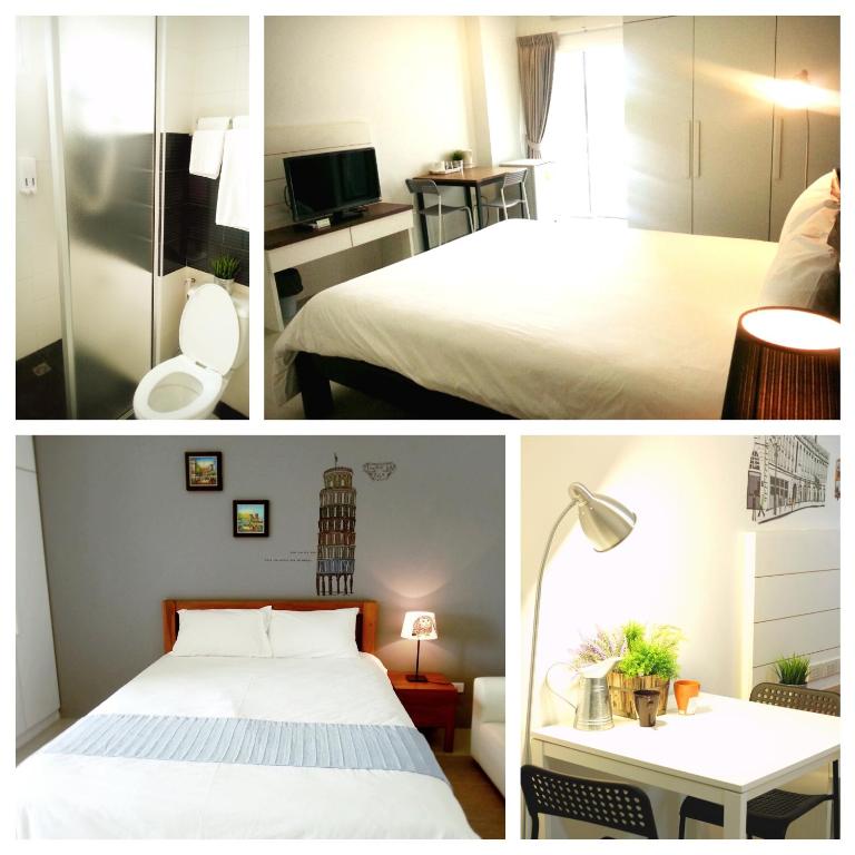 Room collage combining a double bed, television, desk and compact bathroom.
