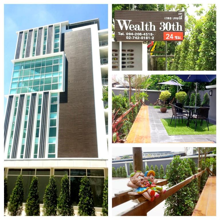 a collage of photos of a building with a woman on a beach at Wealth 30th in Bangkok