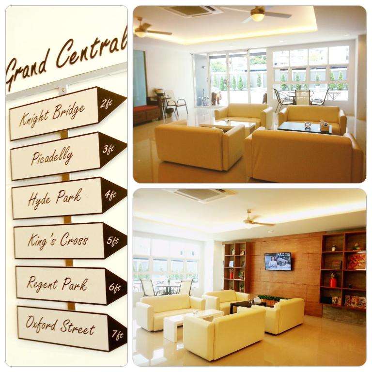 A collage showing the building directory and two bright shared lounges.