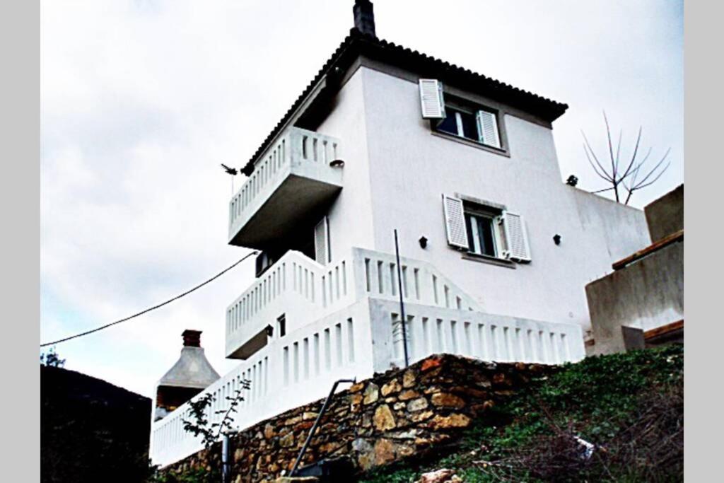 ein weißes Haus mit einer Treppe auf einem Hügel in der Unterkunft Enjoy the silence-Αlonnisos in Kalamakia