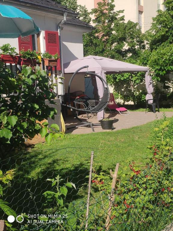 a backyard with a gazebo and a chair under a tent at Colmar , Séjour calme chez l&#39;habitant in Colmar