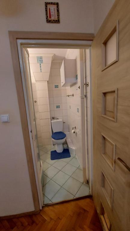 a bathroom with a toilet with a blue seat at Mieszkanie Wieniawa in Lublin