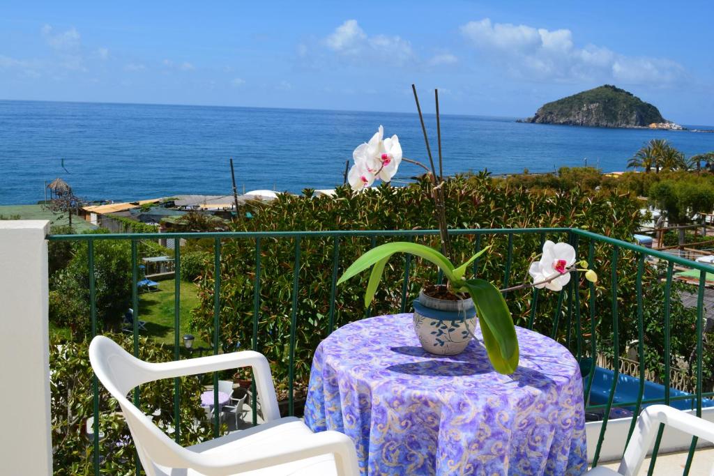 a table with a plant on a balcony with the ocean at Hotel Maronti in Ischia