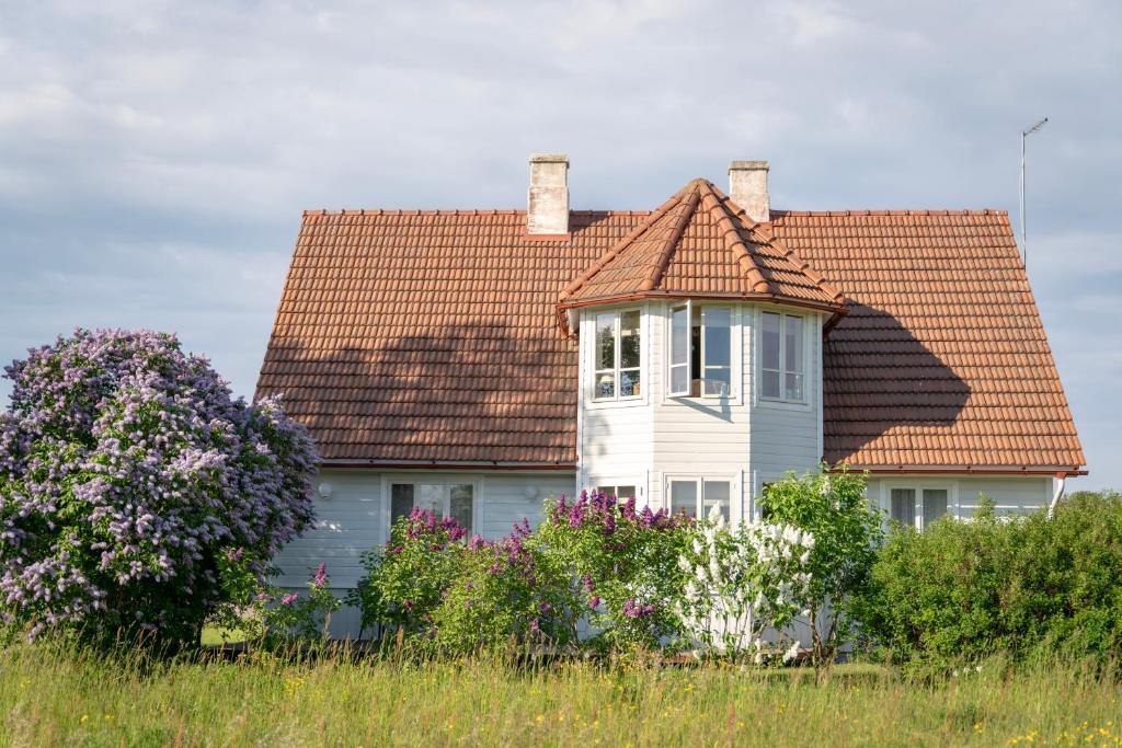 uma casa branca com um telhado vermelho em Roose City House em Kärdla