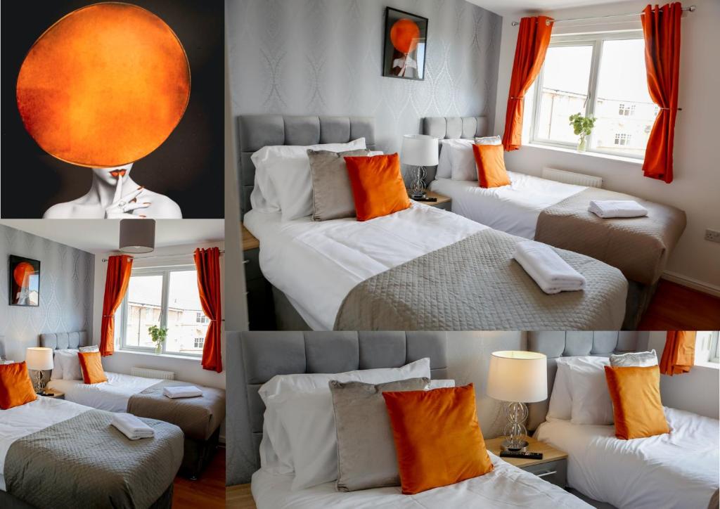 two pictures of a bedroom with two beds with orange pillows at Foster house in Gateshead