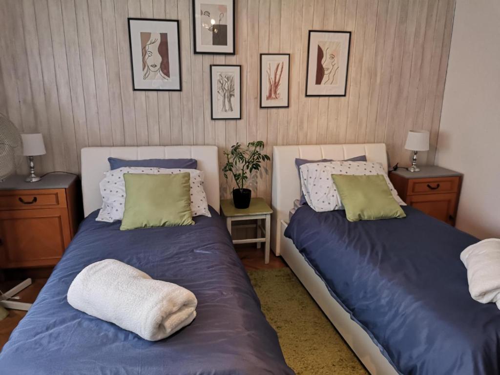 two beds sitting next to each other in a bedroom at Apartman Anđela in Varaždin