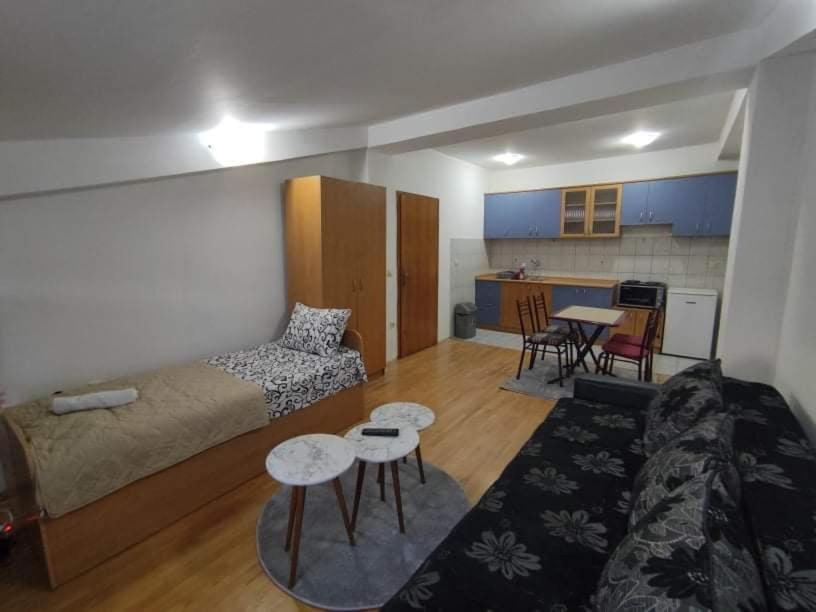 een woonkamer met een bank en een tafel bij Apartment Stefan in Ohrid