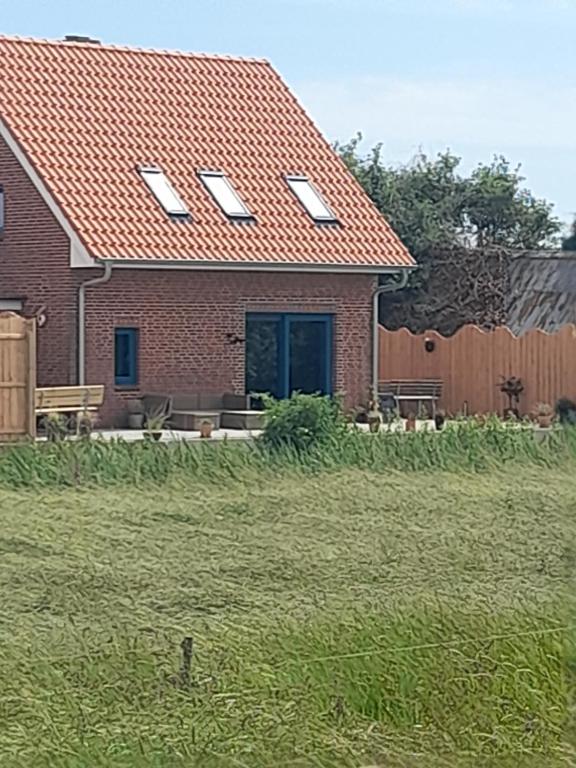 a house with a red roof and a yard at Schooster Huus in Nordstrand