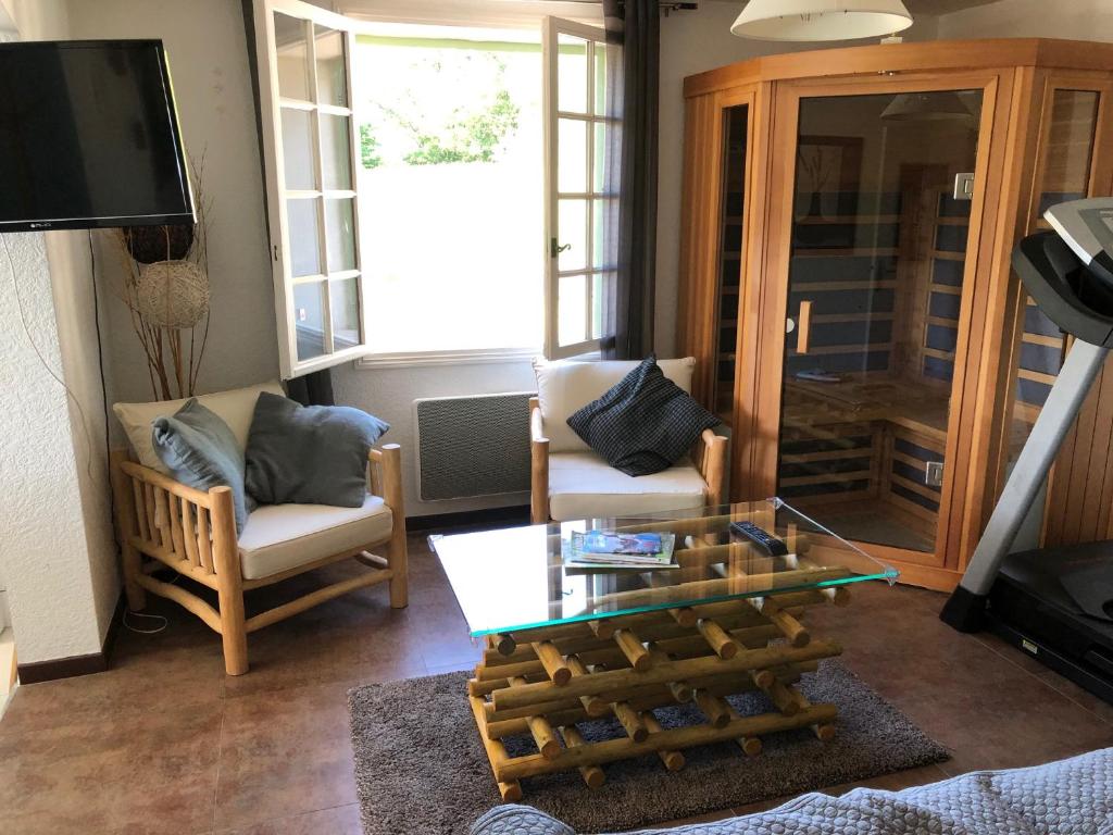 TV a/nebo společenská místnost v ubytování logement avec piscine couverte chauffée du 15 avril à octobre et spa privatifs, vue