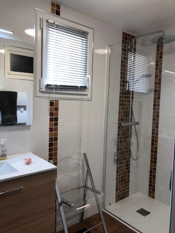 Koupelna v ubytování logement avec piscine couverte chauffée du 15 avril à octobre et spa privatifs, vue