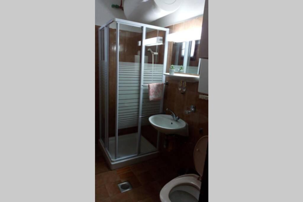 a bathroom with a shower and a toilet and a sink at Apartment Zdenka in Raša