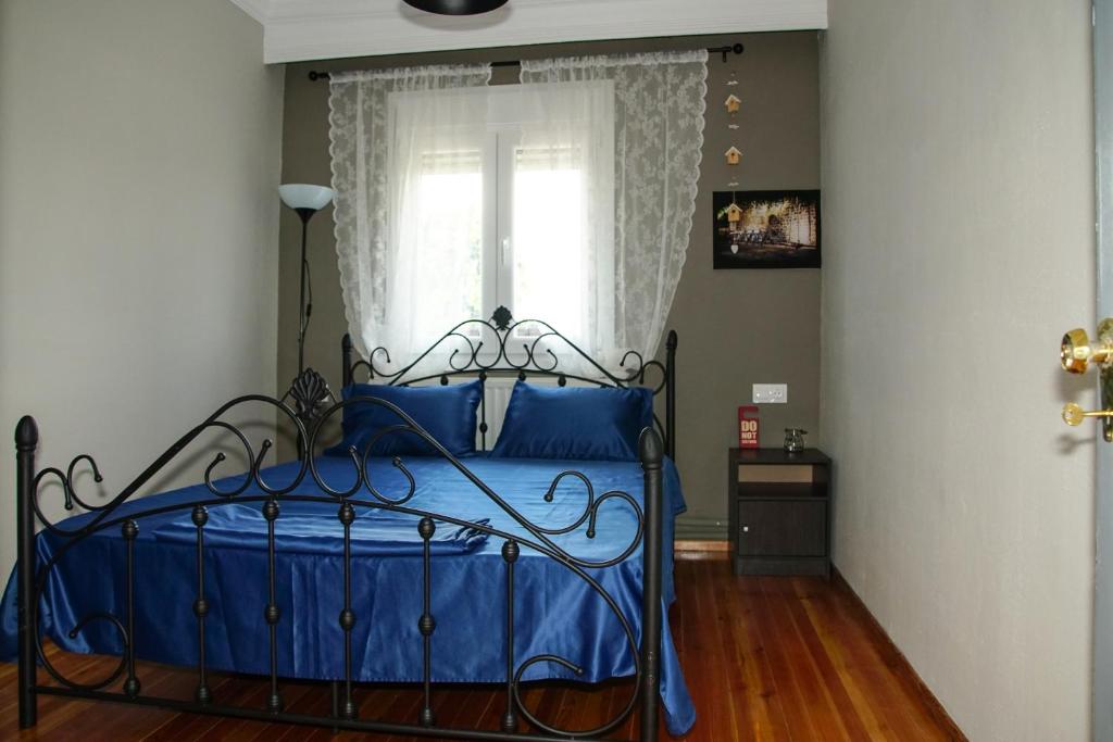 Cama azul en habitación con ventana en Rania's guest house, en Aridaía