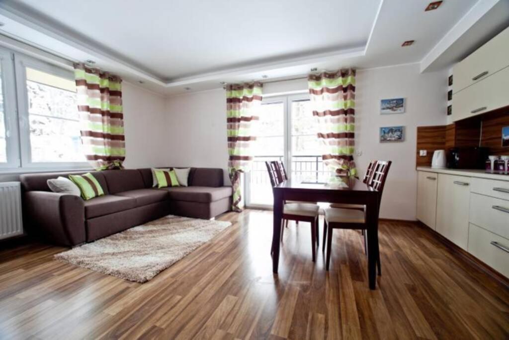 a living room with a couch and a table at Apartament Oliwkowy in Szklarska Poręba