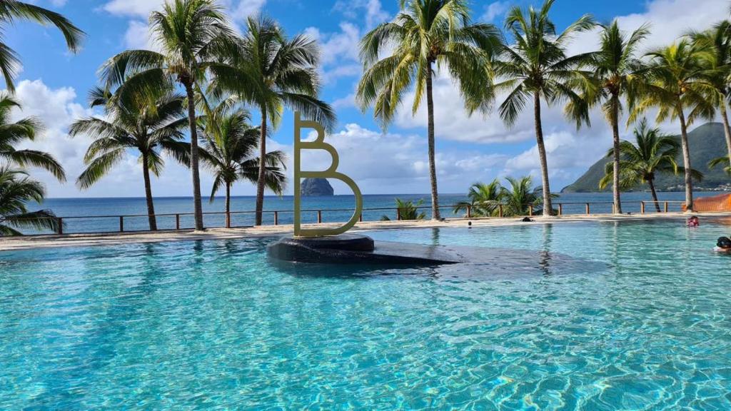 a large swimming pool with palm trees and a large letter b at StudioMarine in Le Diamant