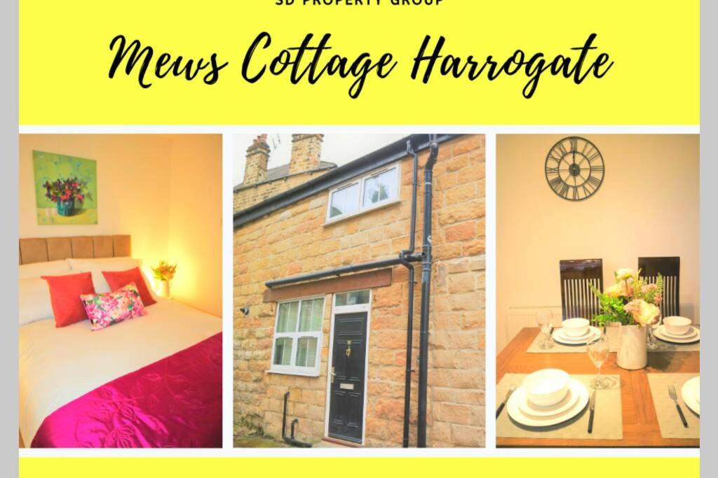 a collage of pictures of a room with a bed and a house at Mews Cottage Harrogate in Harrogate