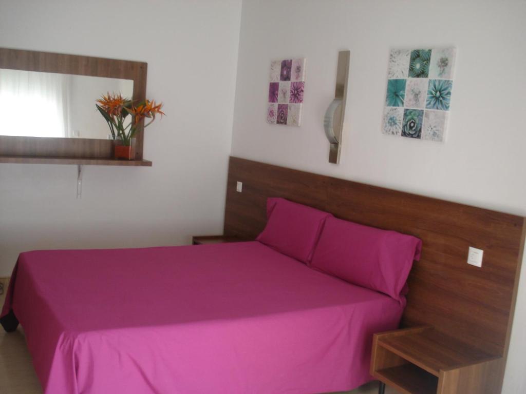 een slaapkamer met een roze bed en een spiegel bij Hostal Margarita in Pineda de Mar