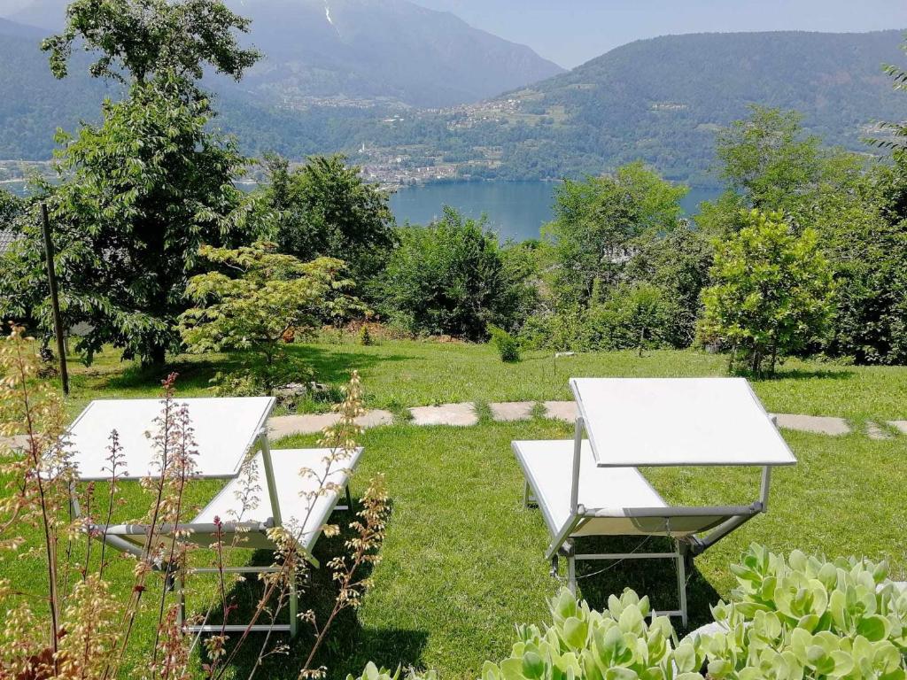dos mesas de picnic blancas y sillas en un campo con un lago en Numero 53 Tenna OSPITAR en Tenna 