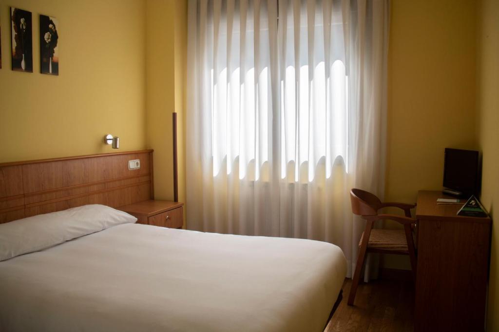 um quarto com uma cama, uma secretária e uma janela em Hotel Alda Estación Oviedo em Oviedo