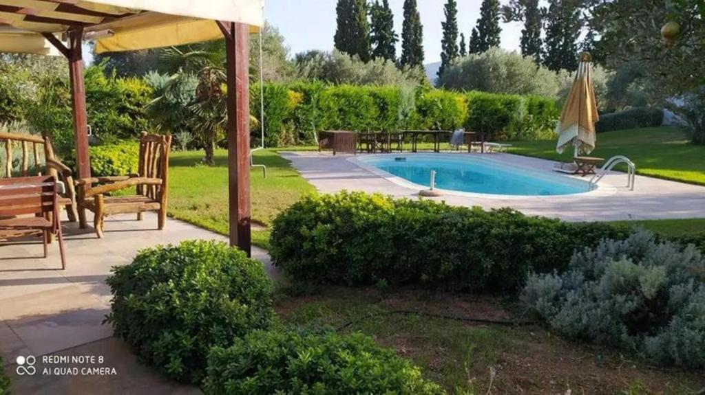 a swimming pool in a garden with a umbrella at Luxurious 6 bedroom villa In a great location in Chalkida