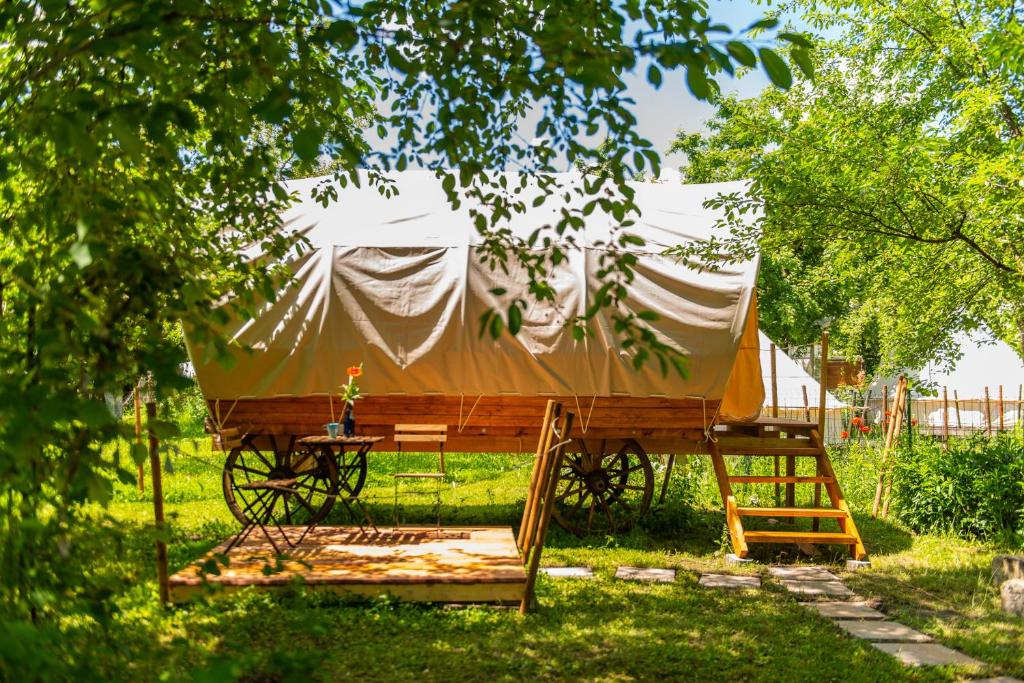 uma tenda num carrinho de madeira num campo em Dragonfly Gardens - The Wagons em Brasov